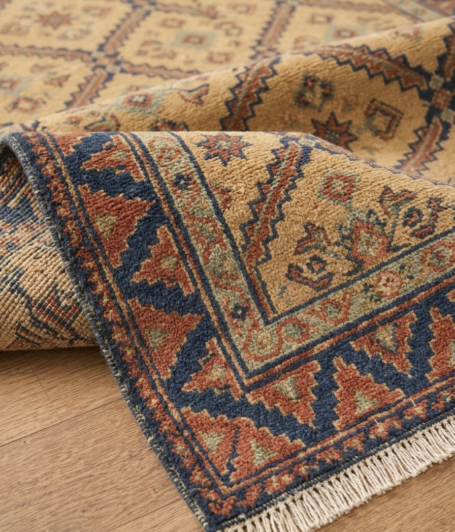 Hand-Knotted Wool Area Rug – Ochre Gold & Indigo Blue Geometric Diamond Lattice Rug