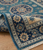Hand-Knotted Wool Area Rug – Teal Blue & Beige Tribal Medallion Caucasian Kazak Rug