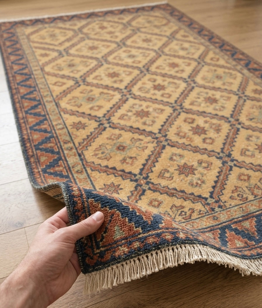 Hand-Knotted Wool Area Rug – Ochre Gold & Indigo Blue Geometric Diamond Lattice Rug