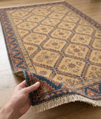 Hand-Knotted Wool Area Rug – Ochre Gold & Indigo Blue Geometric Diamond Lattice Rug