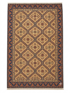 Hand-Knotted Wool Area Rug – Ochre Gold & Indigo Blue Geometric Diamond Lattice Rug