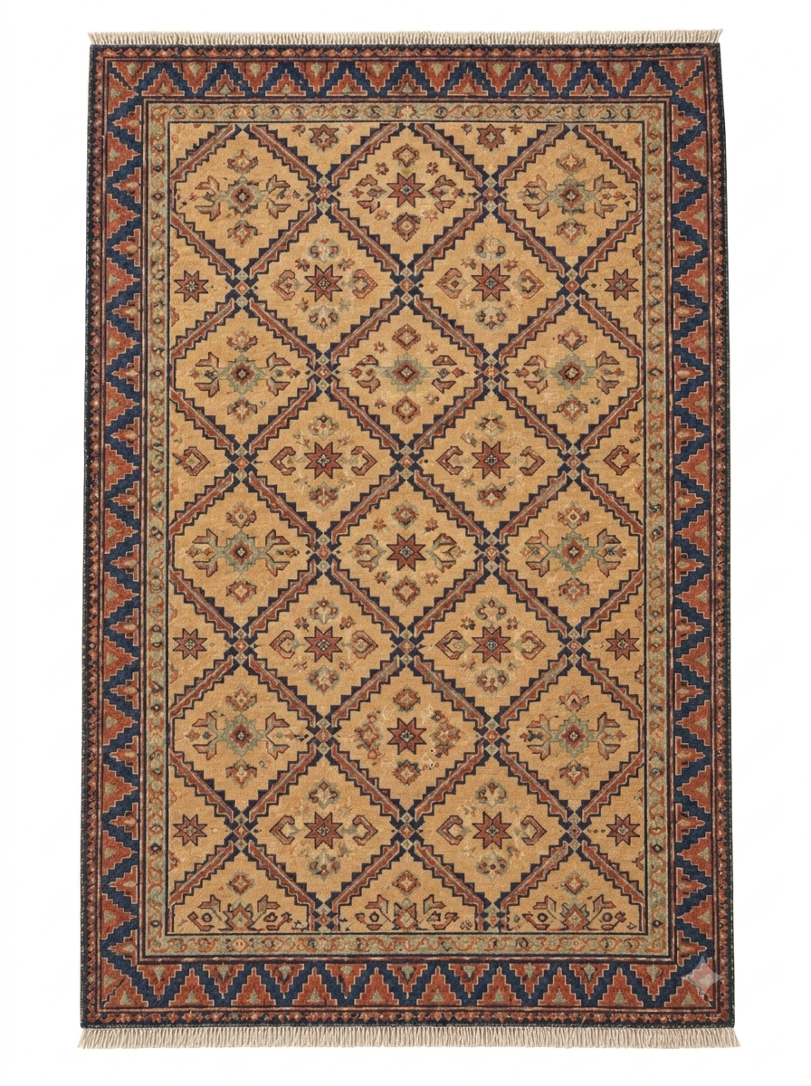 Hand-Knotted Wool Area Rug – Ochre Gold & Indigo Blue Geometric Diamond Lattice Rug