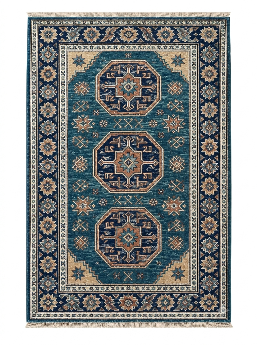 Hand-Knotted Wool Area Rug – Teal Blue & Beige Tribal Medallion Caucasian Kazak Rug