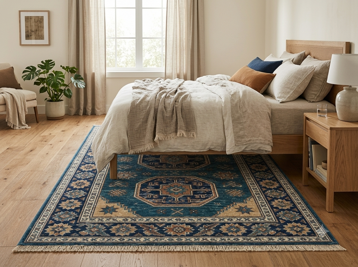 Hand-Knotted Wool Area Rug – Teal Blue & Beige Tribal Medallion Caucasian Kazak Rug