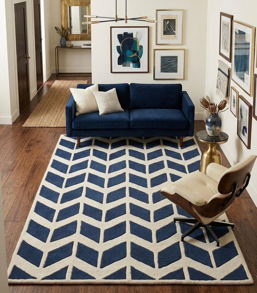 Handtufted Blue and Cream Chevron Geometric Rug