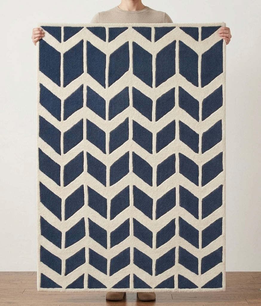 Handtufted Blue and Cream Chevron Geometric Rug