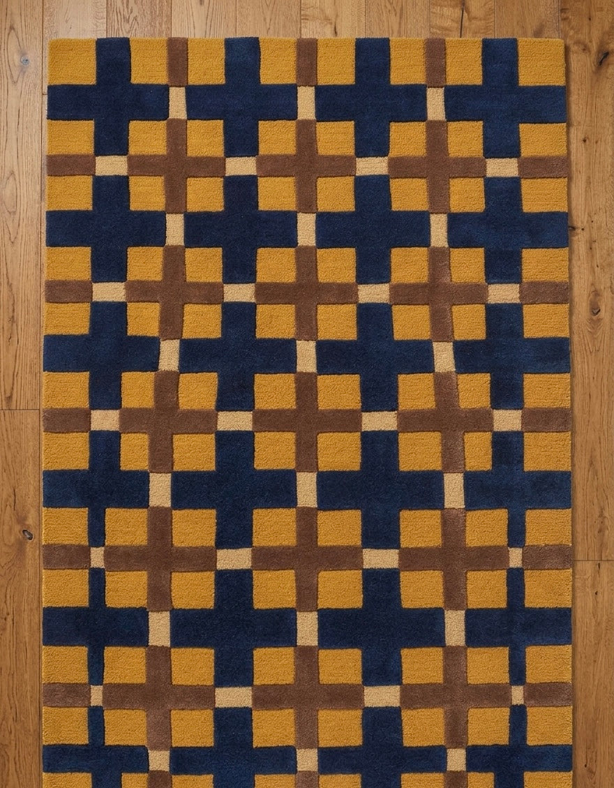 Modern Hand-Tufted Geometric Cross Pattern Rug - Mustard & Navy