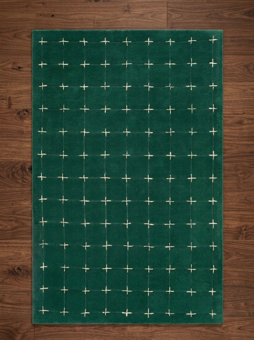 Premium Handtufted Green Rug with Minimalist Cream Cross Pattern