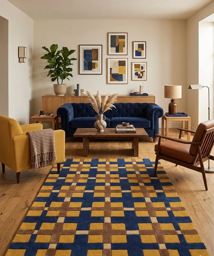 Modern Hand-Tufted Geometric Cross Pattern Rug - Mustard & Navy