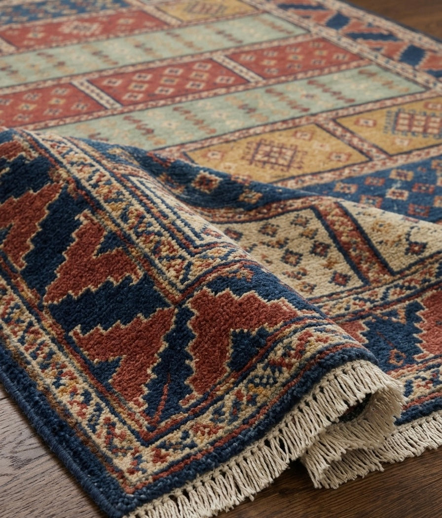 Hand-Knotted Wool Area Rug – Multicolor Tribal Panel Rug with Rust, Sage Green & Navy