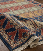 Hand-Knotted Wool Area Rug – Multicolor Tribal Panel Rug with Rust, Sage Green & Navy