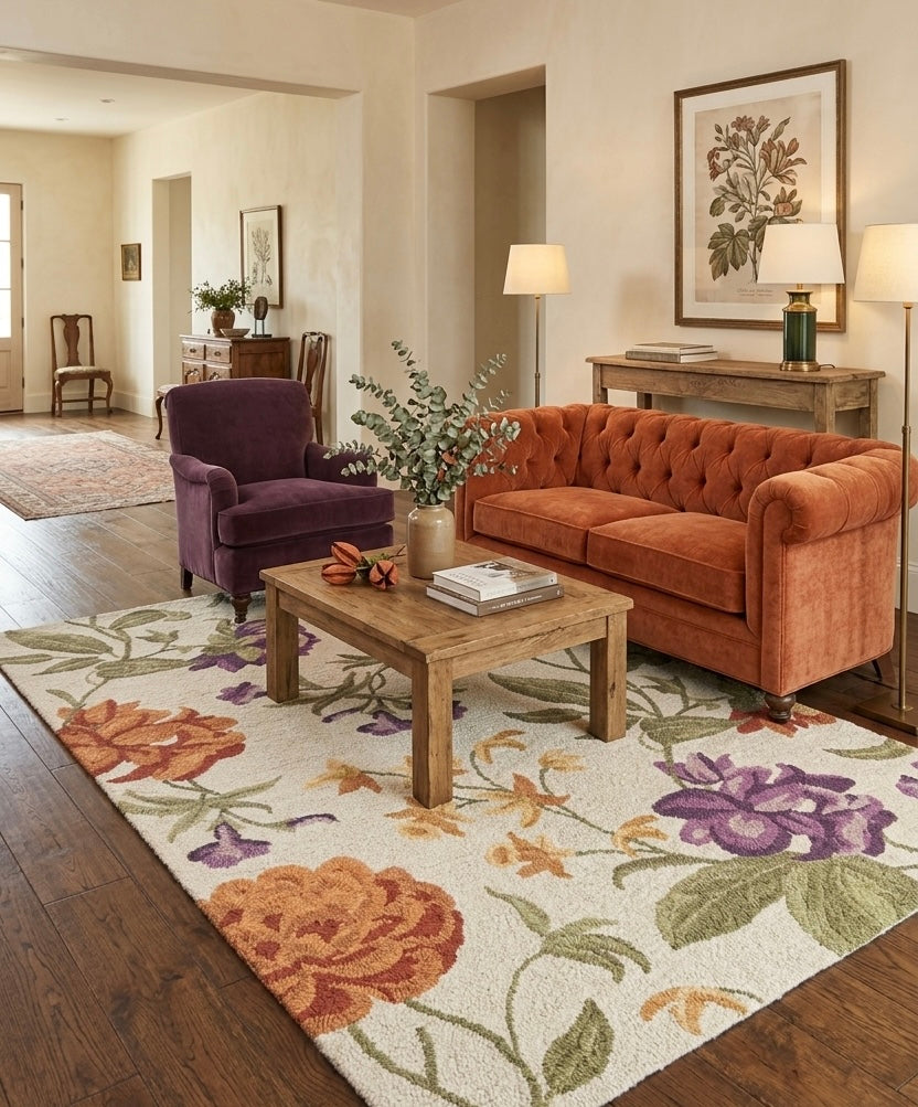 Artistic Hand-tufted Rug with Oversized Peony and Lilac Motifs