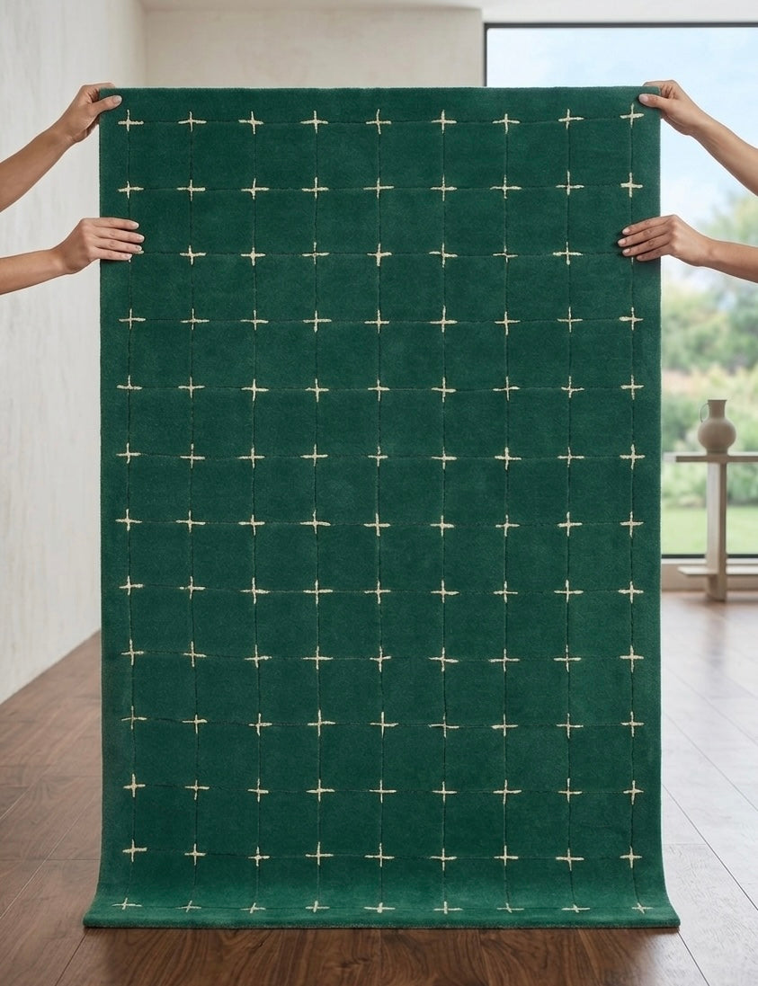 Premium Handtufted Green Rug with Minimalist Cream Cross Pattern
