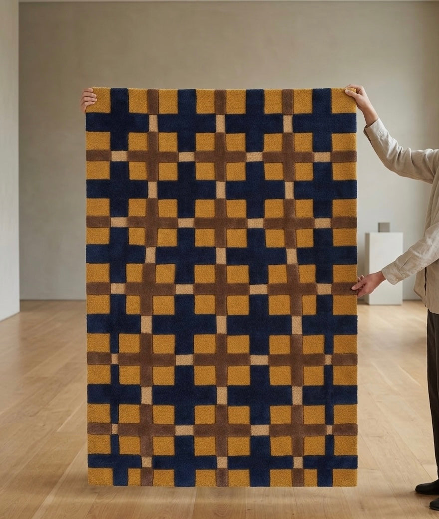 Modern Hand-Tufted Geometric Cross Pattern Rug - Mustard & Navy