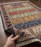 Hand-Knotted Wool Area Rug – Multicolor Tribal Panel Rug with Rust, Sage Green & Navy
