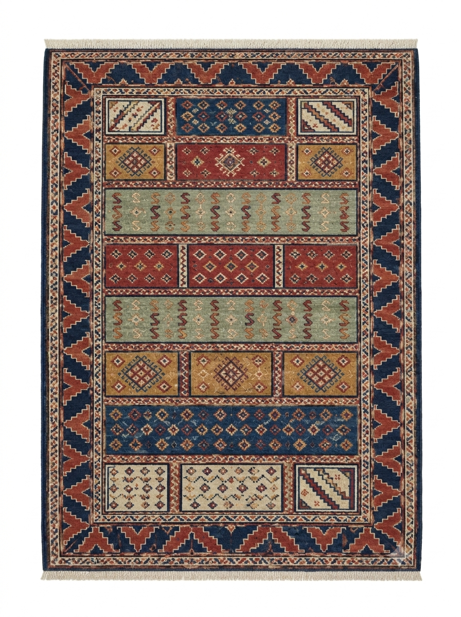 Hand-Knotted Wool Area Rug – Multicolor Tribal Panel Rug with Rust, Sage Green & Navy