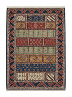 Hand-Knotted Wool Area Rug – Multicolor Tribal Panel Rug with Rust, Sage Green & Navy