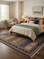 Hand-Knotted Wool Area Rug – Multicolor Tribal Panel Rug with Rust, Sage Green & Navy