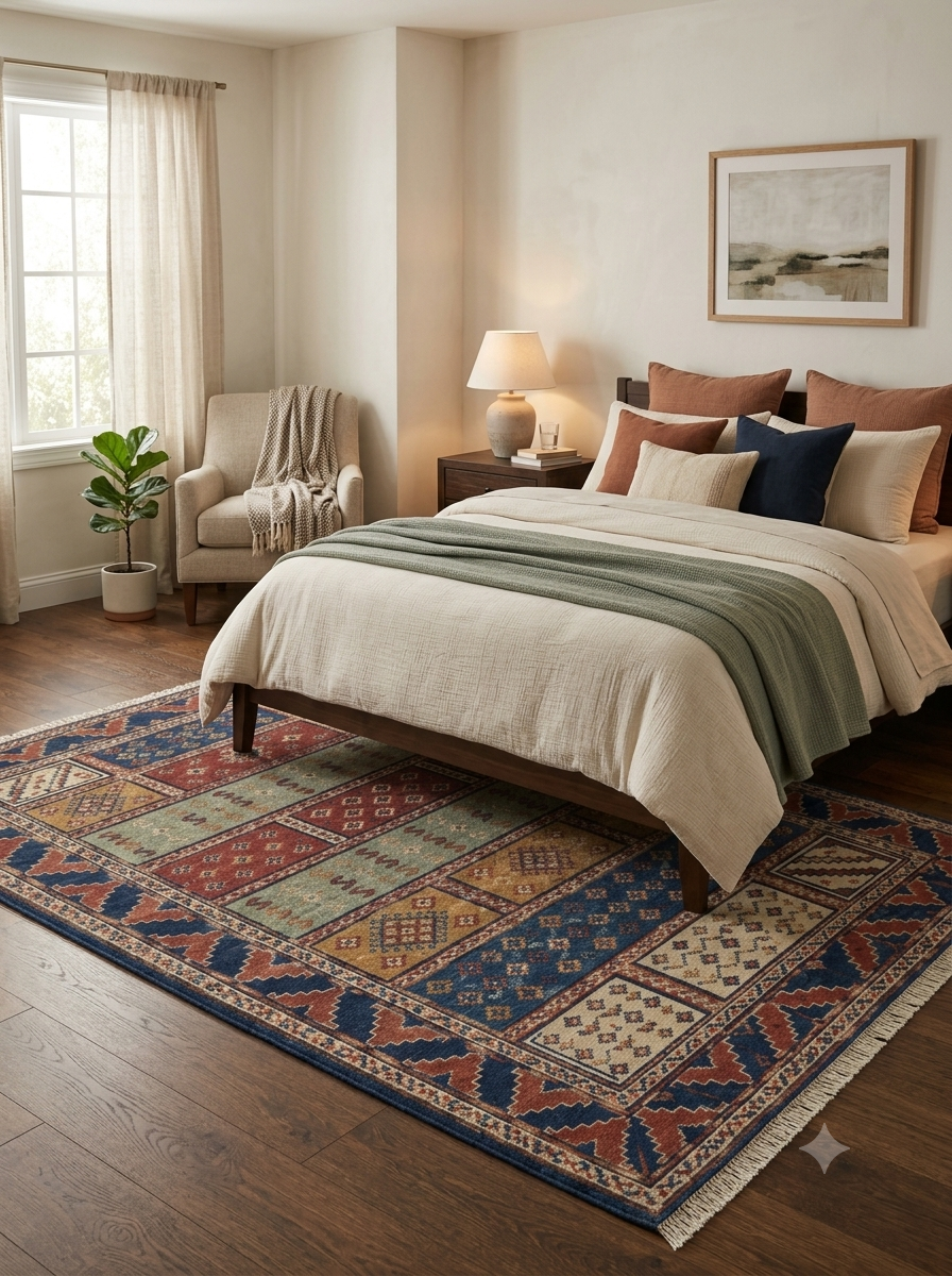 Hand-Knotted Wool Area Rug – Multicolor Tribal Panel Rug with Rust, Sage Green & Navy