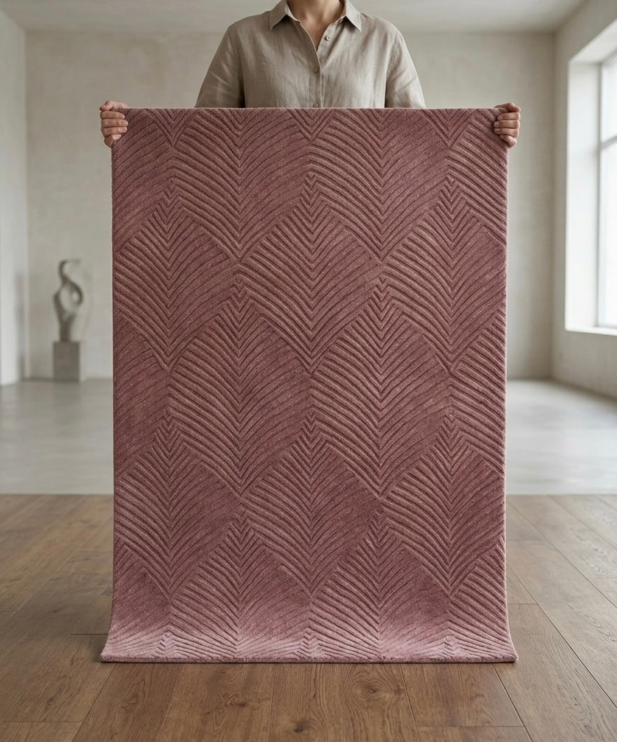 Premium Hand-Tufted Dusty Rose Rug - Modern Art Deco Leaf Pattern