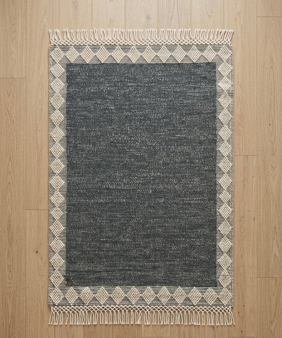 Charcoal & Cream Diamond Lattice Hand-Loomed Kilim Rug
