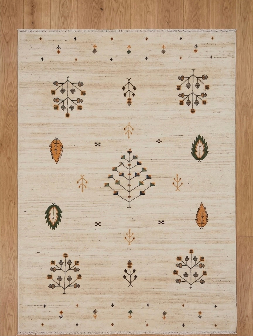 Hand-Knotted Gabbeh Rug with Minimalist Tribal Tree & Leaf Motifs