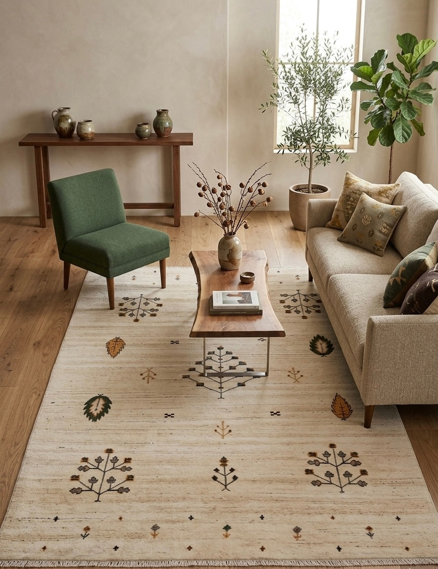 Hand-Knotted Gabbeh Rug with Minimalist Tribal Tree & Leaf Motifs