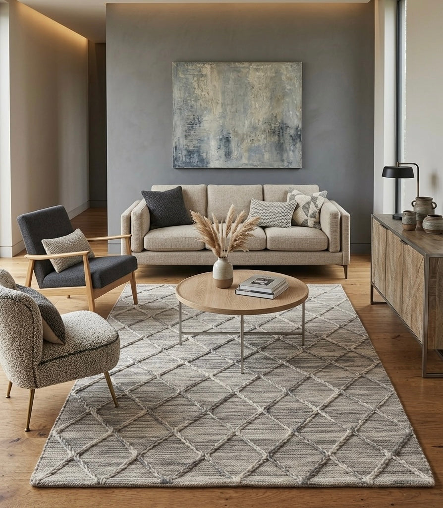 Handwoven Grey Diamond Trellis Wool Rug