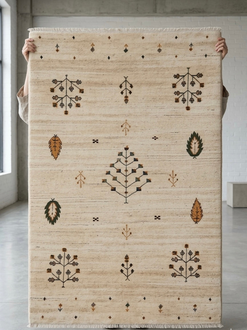 Hand-Knotted Gabbeh Rug with Minimalist Tribal Tree & Leaf Motifs