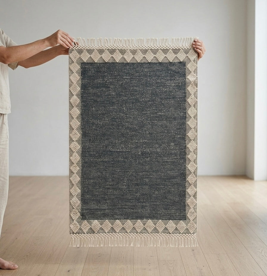 Charcoal & Cream Diamond Lattice Hand-Loomed Kilim Rug