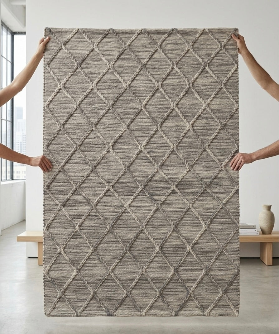 Handwoven Grey Diamond Trellis Wool Rug