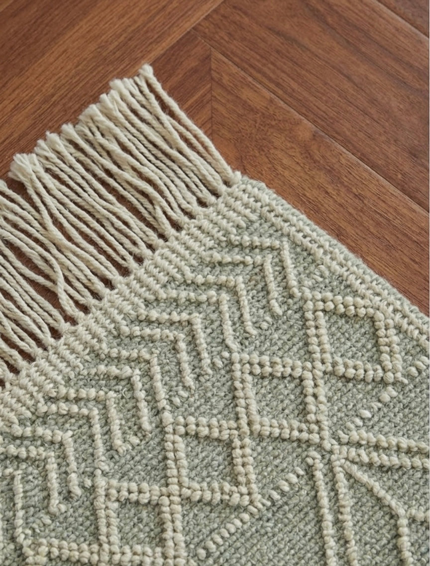 Sage Green Bohemian Geometric Flatwoven Cotton Dhurrie Rug