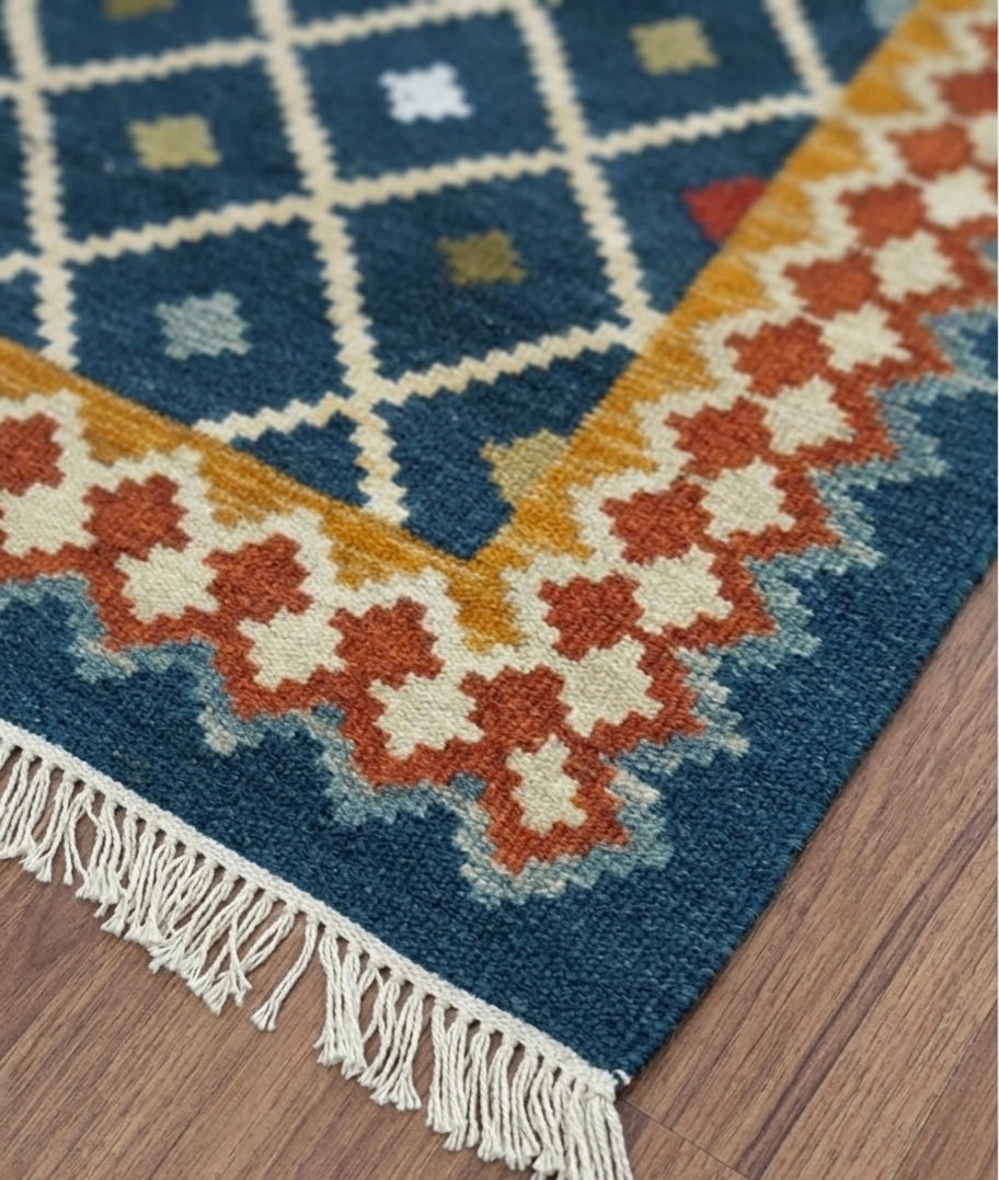 Boho Teal Geometric Lattice Dhurrie