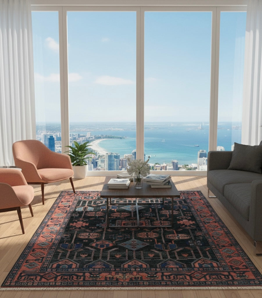 Midnight Terracotta Geometric Handknotted Rug