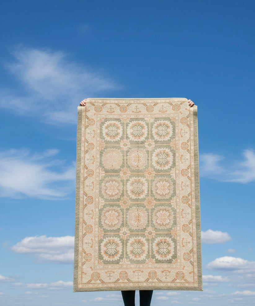 Vintage Lattice Pattern Handknotted Rug