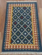 Boho Teal Geometric Lattice Dhurrie