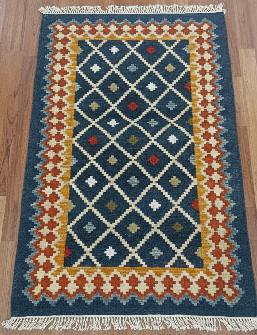 Boho Teal Geometric Lattice Dhurrie