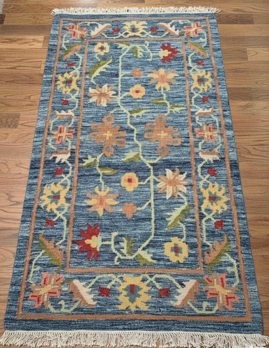 Handwoven Blue Blossom Kilim Dhurrie