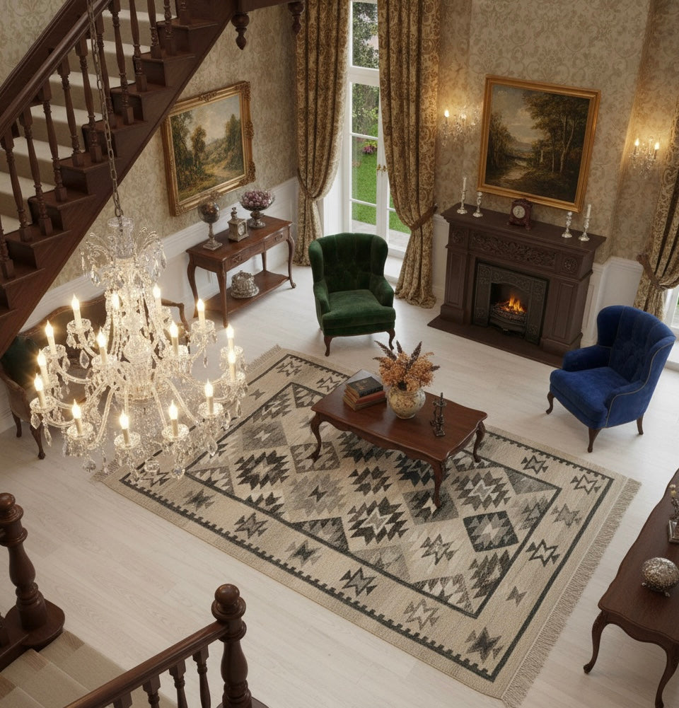 White & Ivory Diamond Kilim Dhurrie