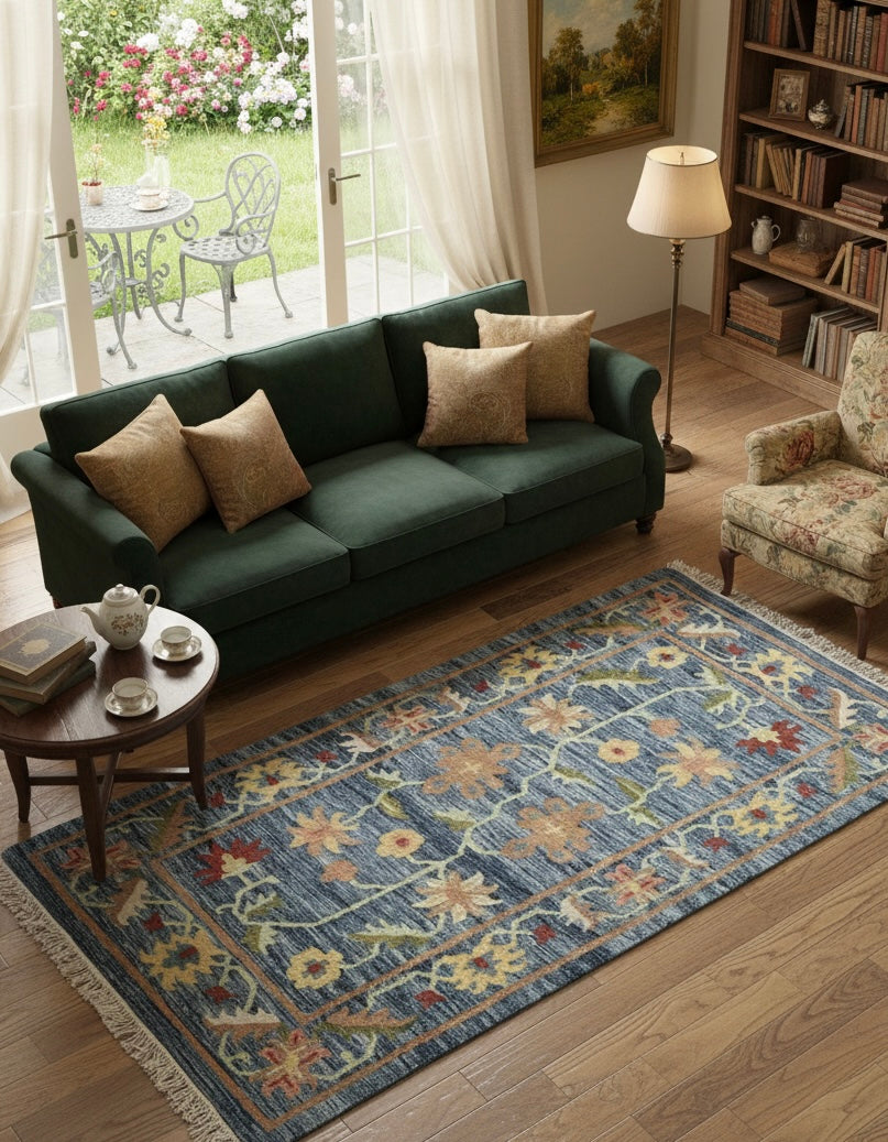 Handwoven Blue Blossom Kilim Dhurrie