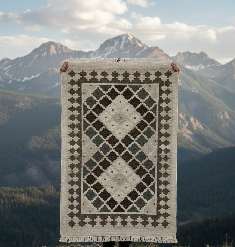 Greyscale Tribal Grid Dhurrie