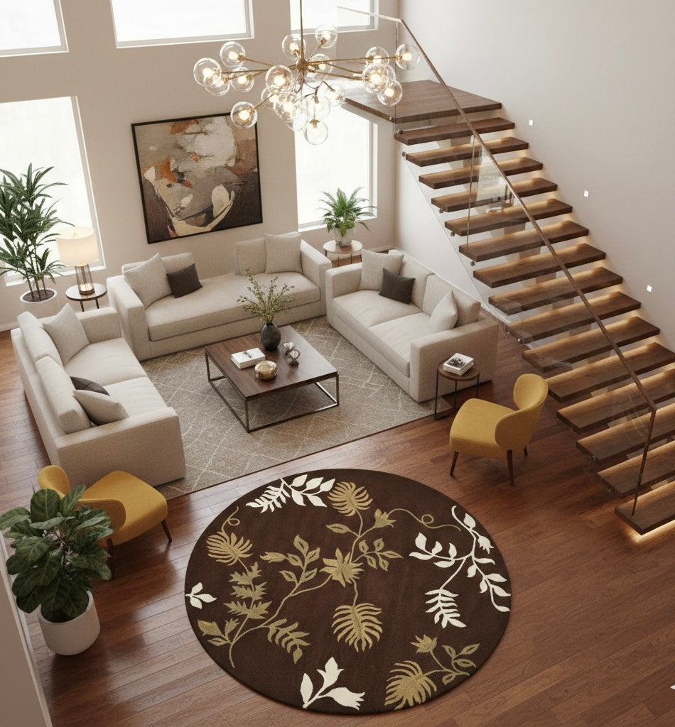 Chocolate Brown & Sage Leaf Area Round Rug