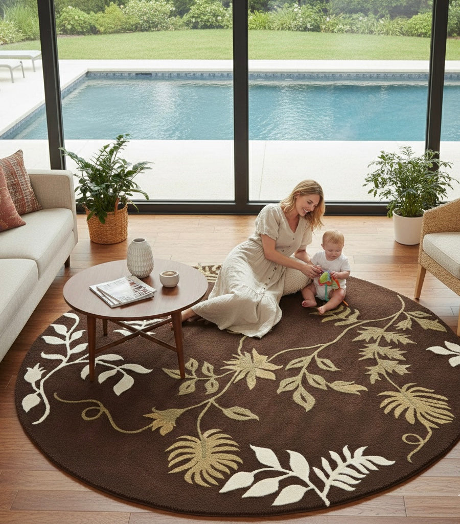 Chocolate Brown & Sage Leaf Area Round Rug