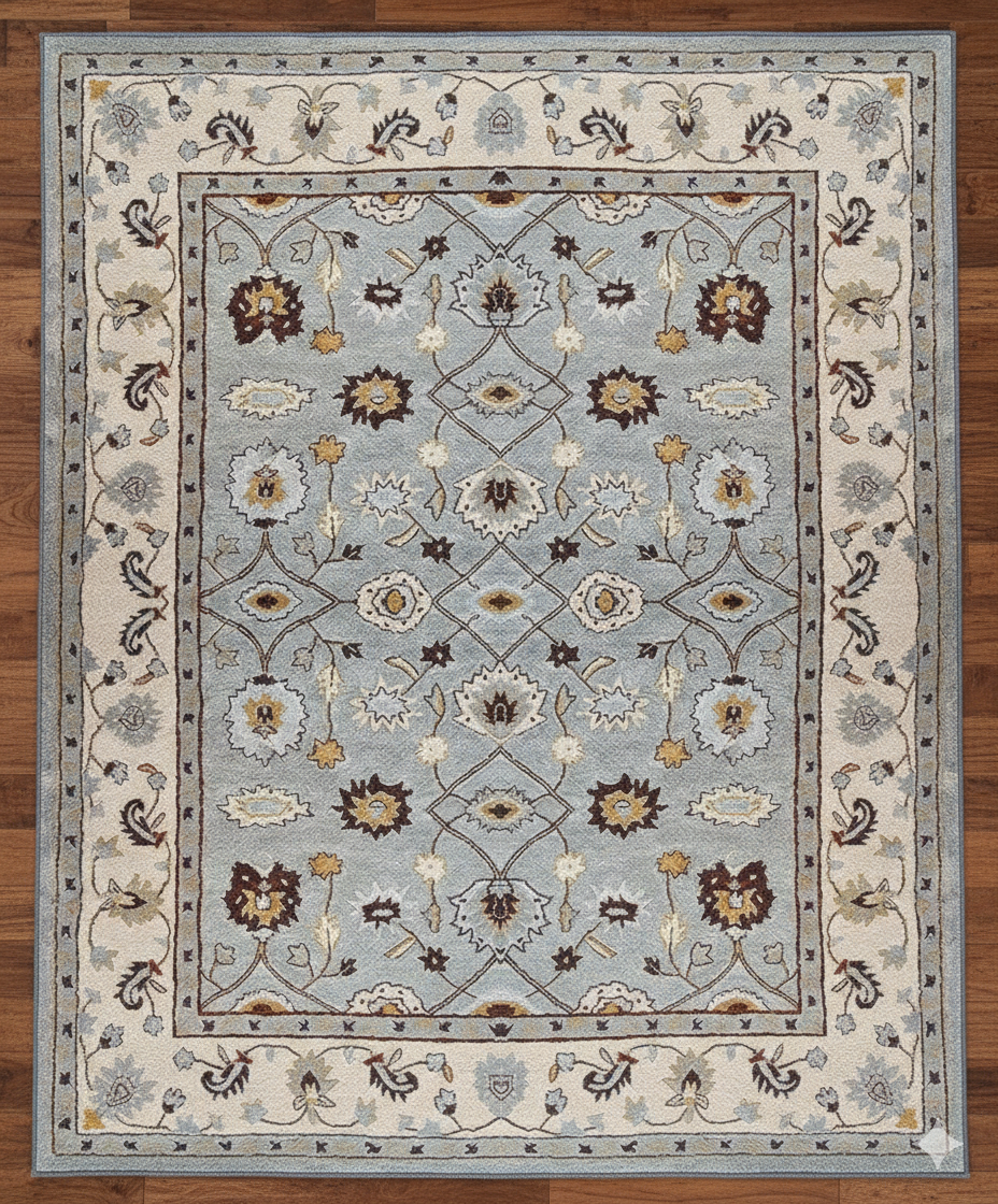 Hand-Tufted Floral Rug in Sky Blue and Cream"