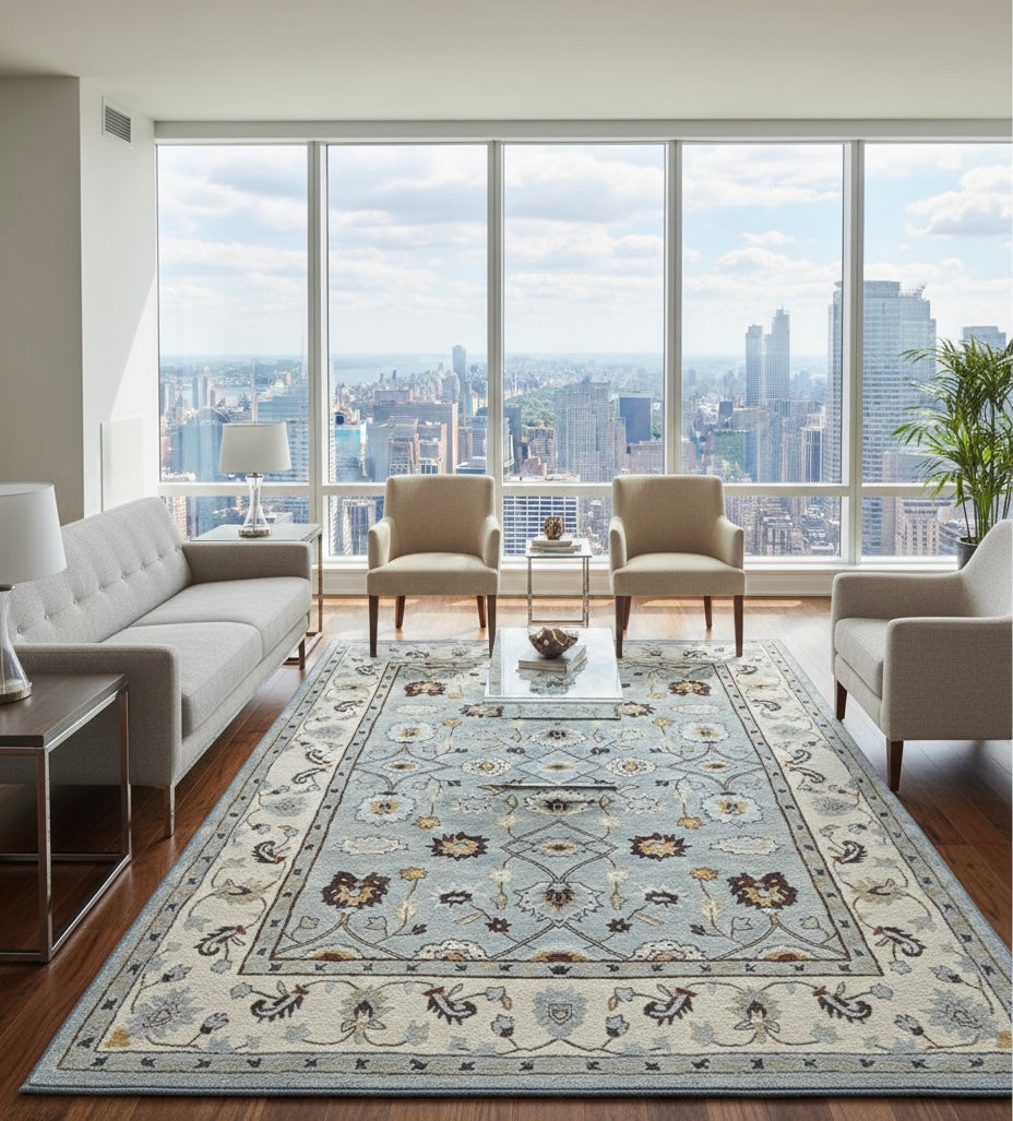 Hand-Tufted Floral Rug in Sky Blue and Cream"