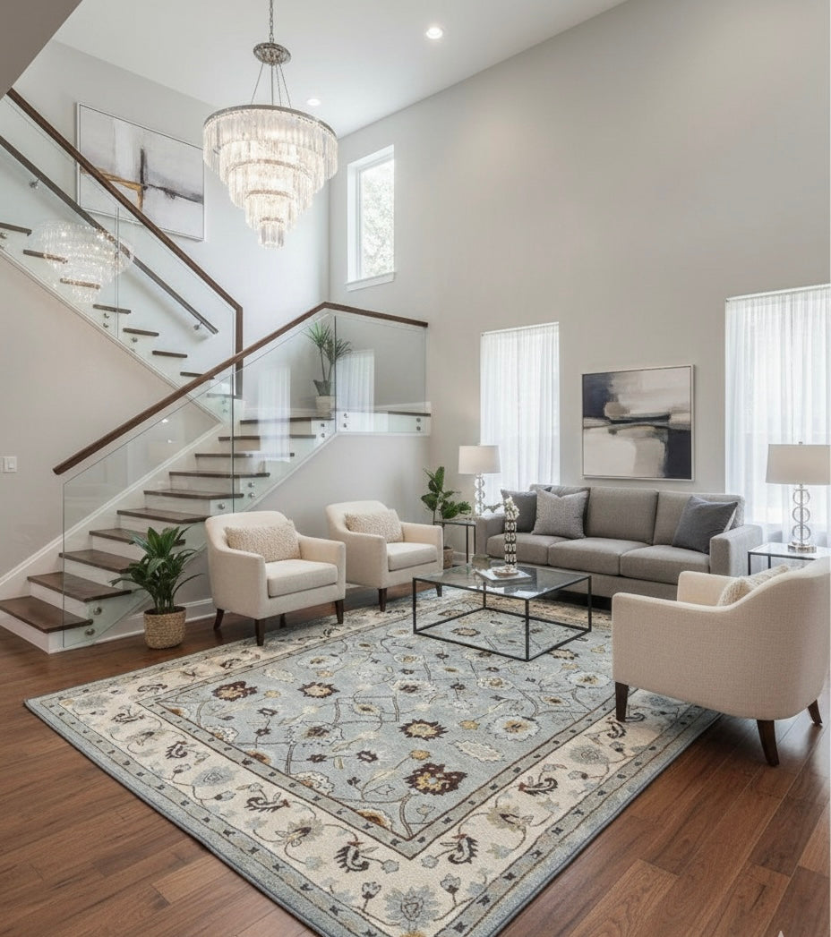 Hand-Tufted Floral Rug in Sky Blue and Cream"
