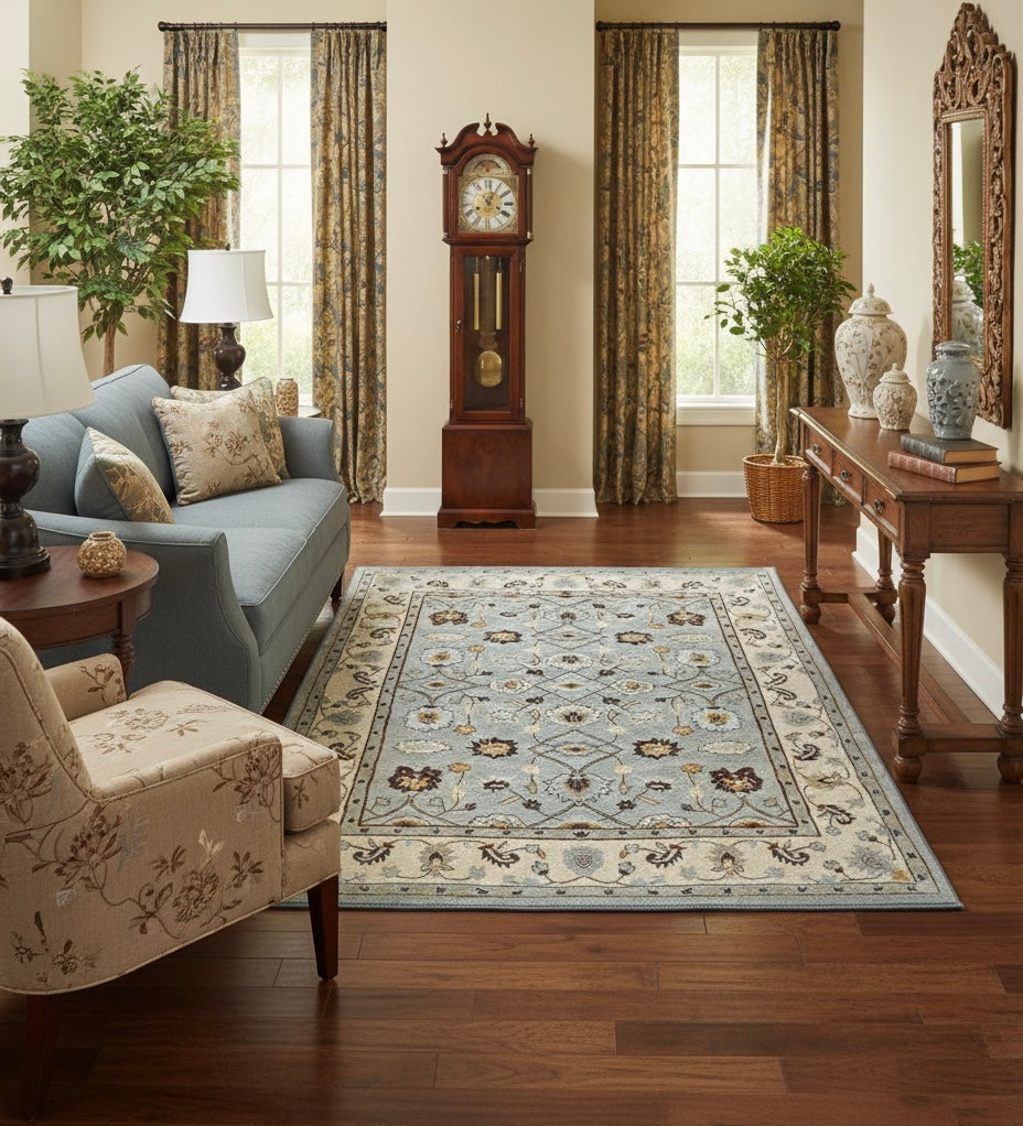 Hand-Tufted Floral Rug in Sky Blue and Cream"