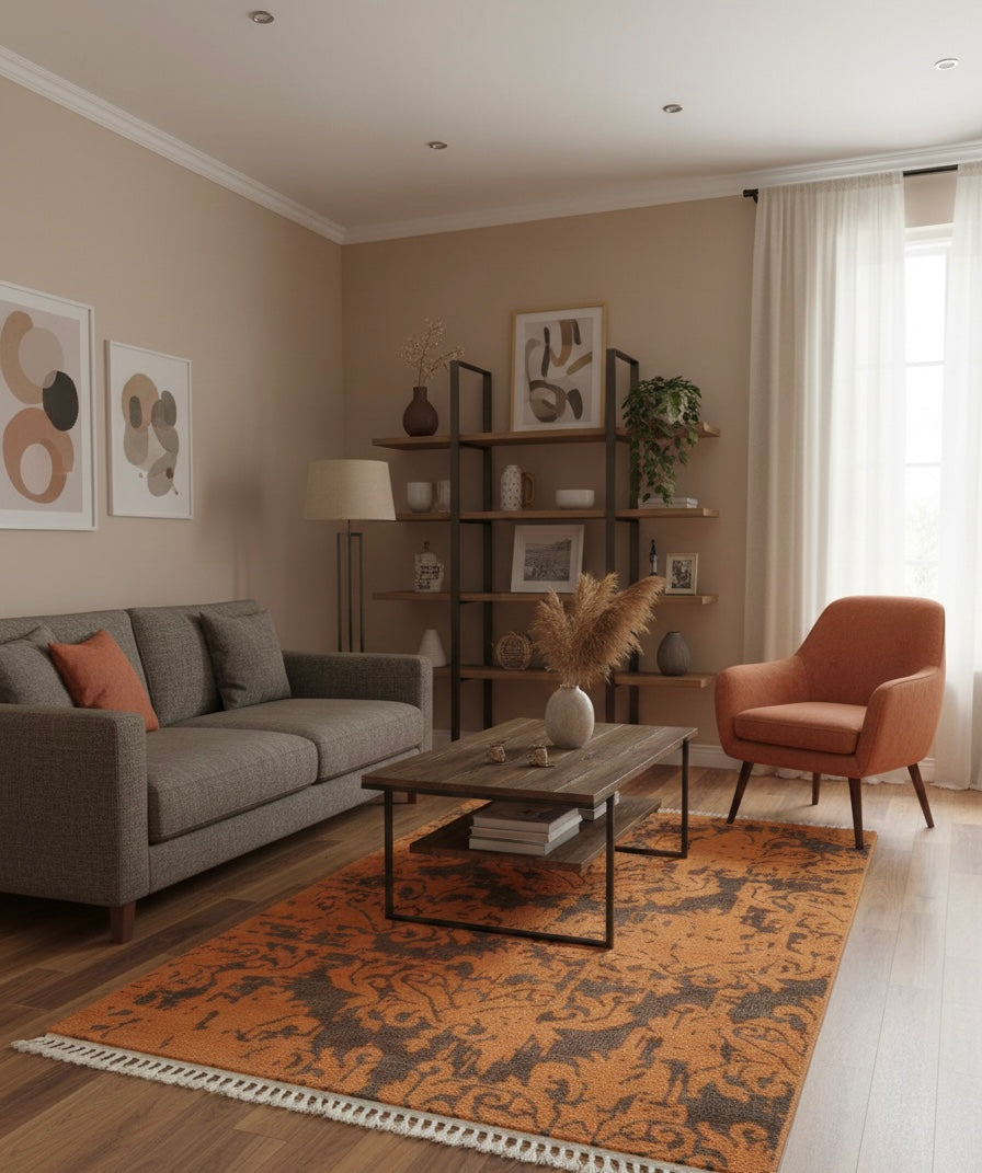 Distressed Amber Damask a Handknotted Rugs
