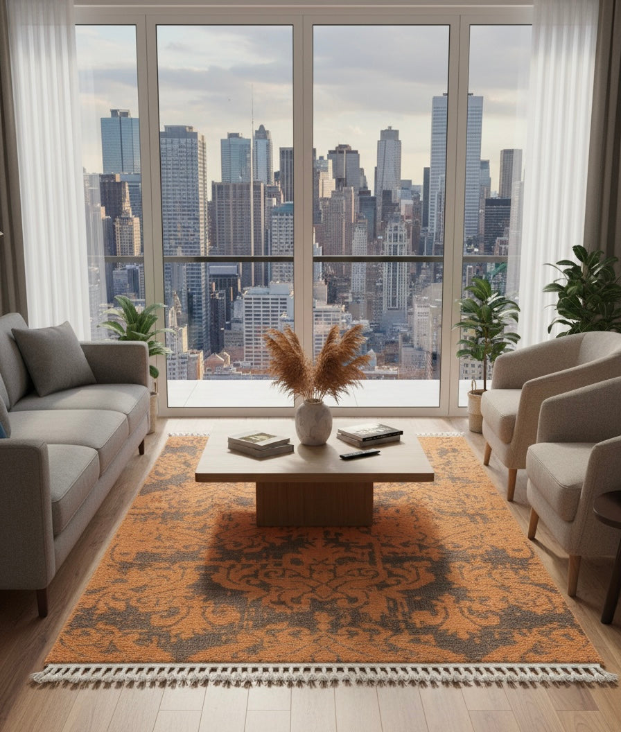 Distressed Amber Damask a Handknotted Rugs