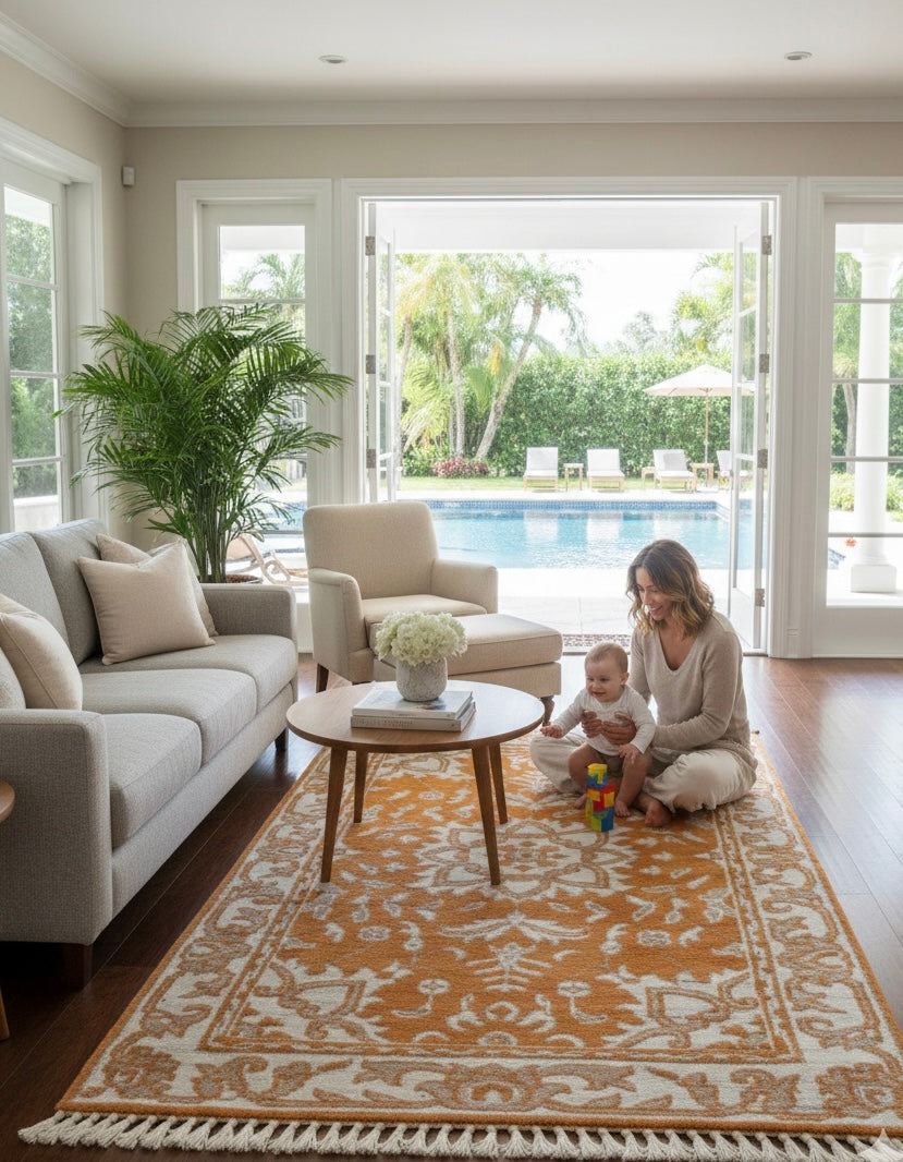 Orange & Cream Traditional Floral Handknotted Rugs